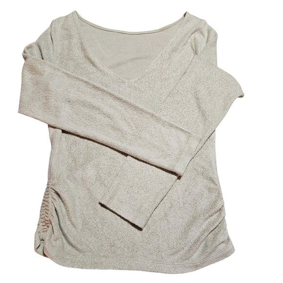 Beige Long-Sleeve V-Neck Ruched Women's Top US M Lyocell Modal Polyester - Picture 2 of 15